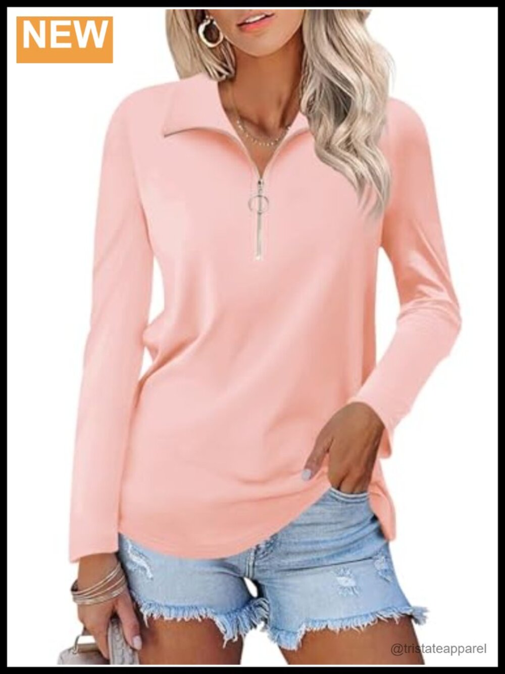 Quarter Zip Polo Shirt Long Sleeve Collared V Neck Casual Fall Top